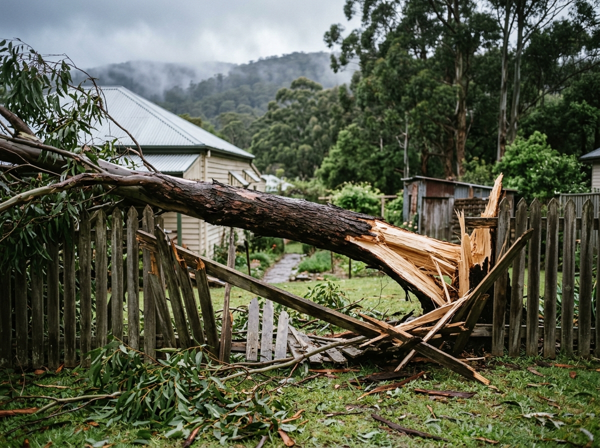 A snapped eucalyptus limb lies across a wooden garden fence, its pale torn wood bright against dark bark, with a cottage behind.