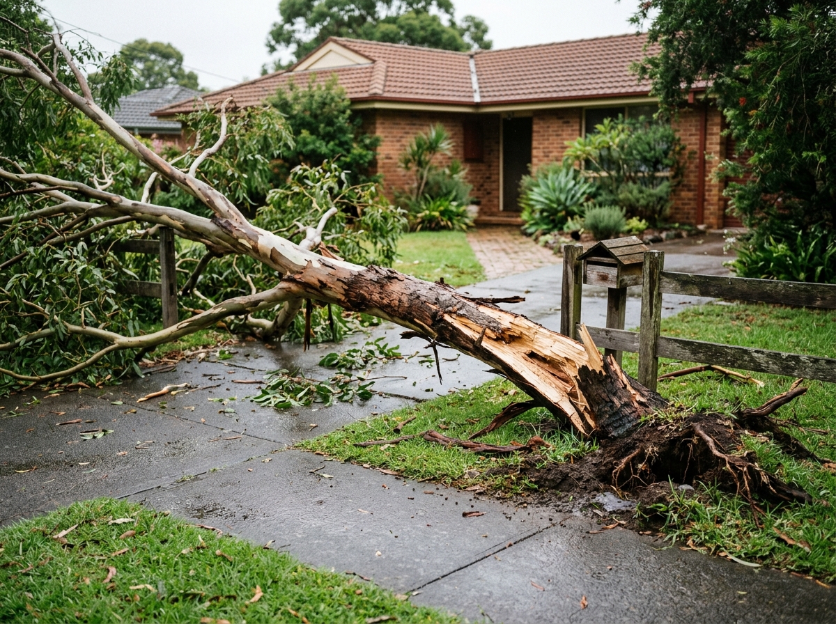 Fallen eucalyptus limb and split trunk across a wet driveway, blocking a mailbox and fence, with a brick house behind.