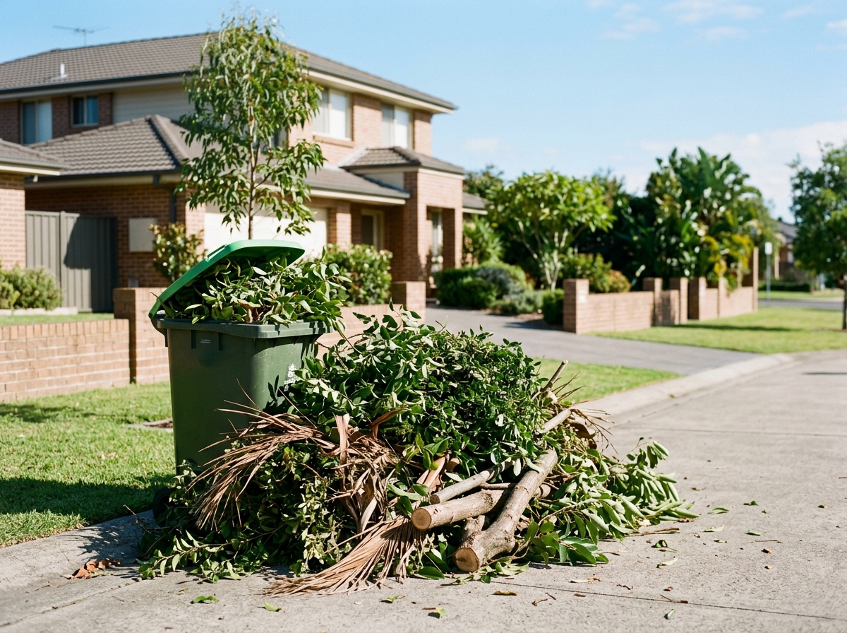 Pile of cut branches, hedge clippings and palm fronds on a driveway beside an overflowing green-lidded bin under blue sky.