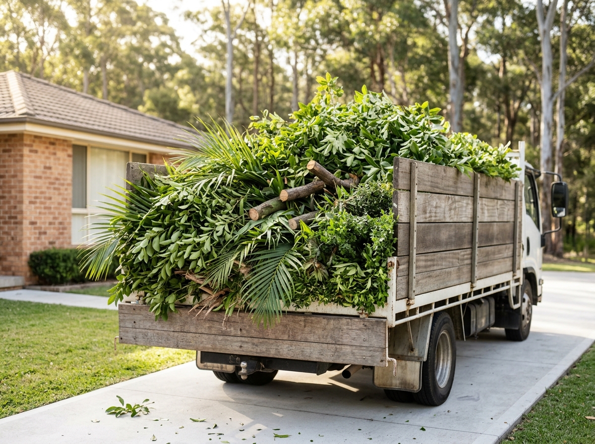 Flatbed tipper truck heaped with green branches, palm fronds and hedge clippings in a suburban driveway beside a brick home.