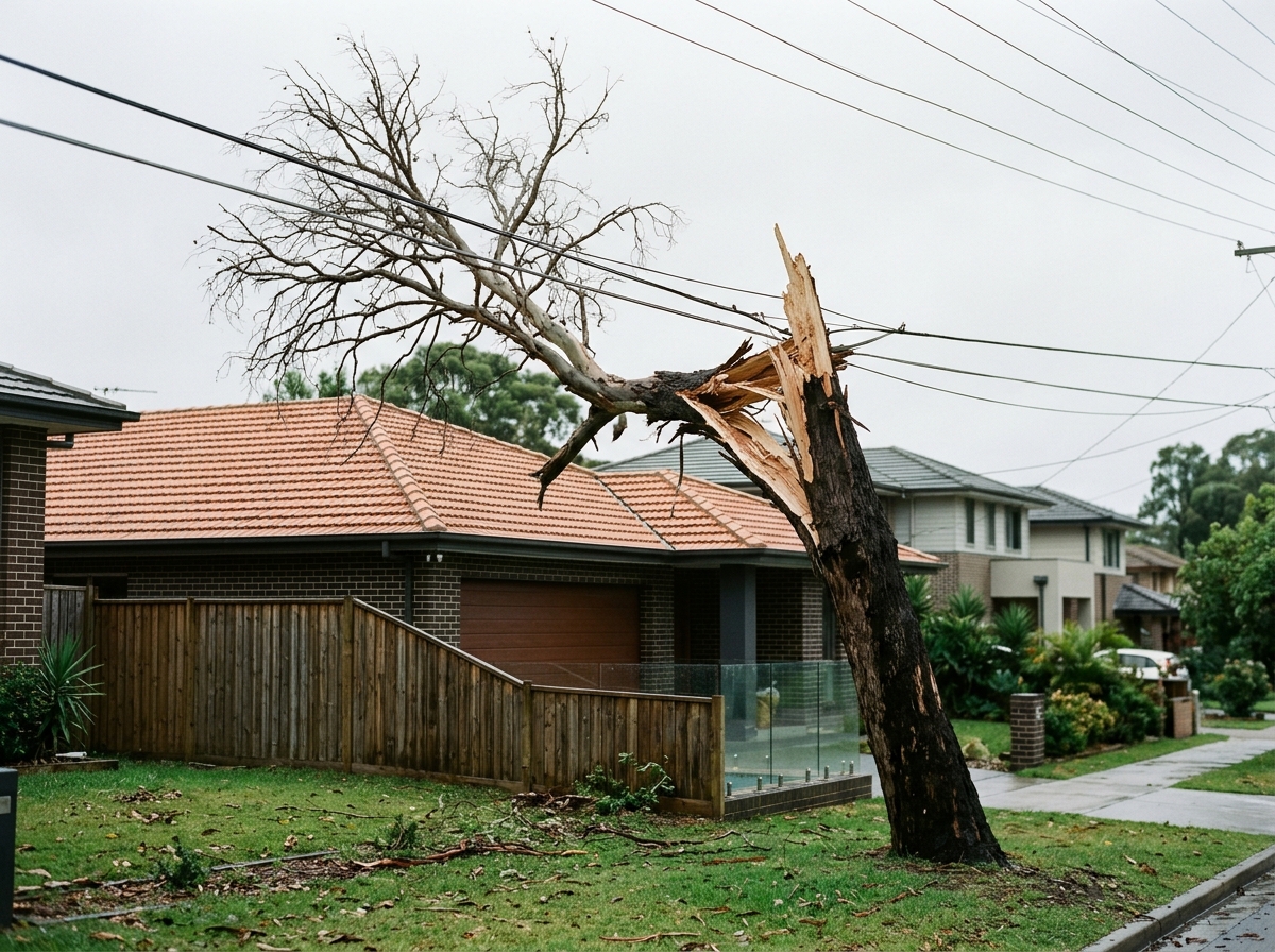 Leaning eucalyptus with a dead, leafless crown and a split limb hanging near power lines beside a tiled-roof house.