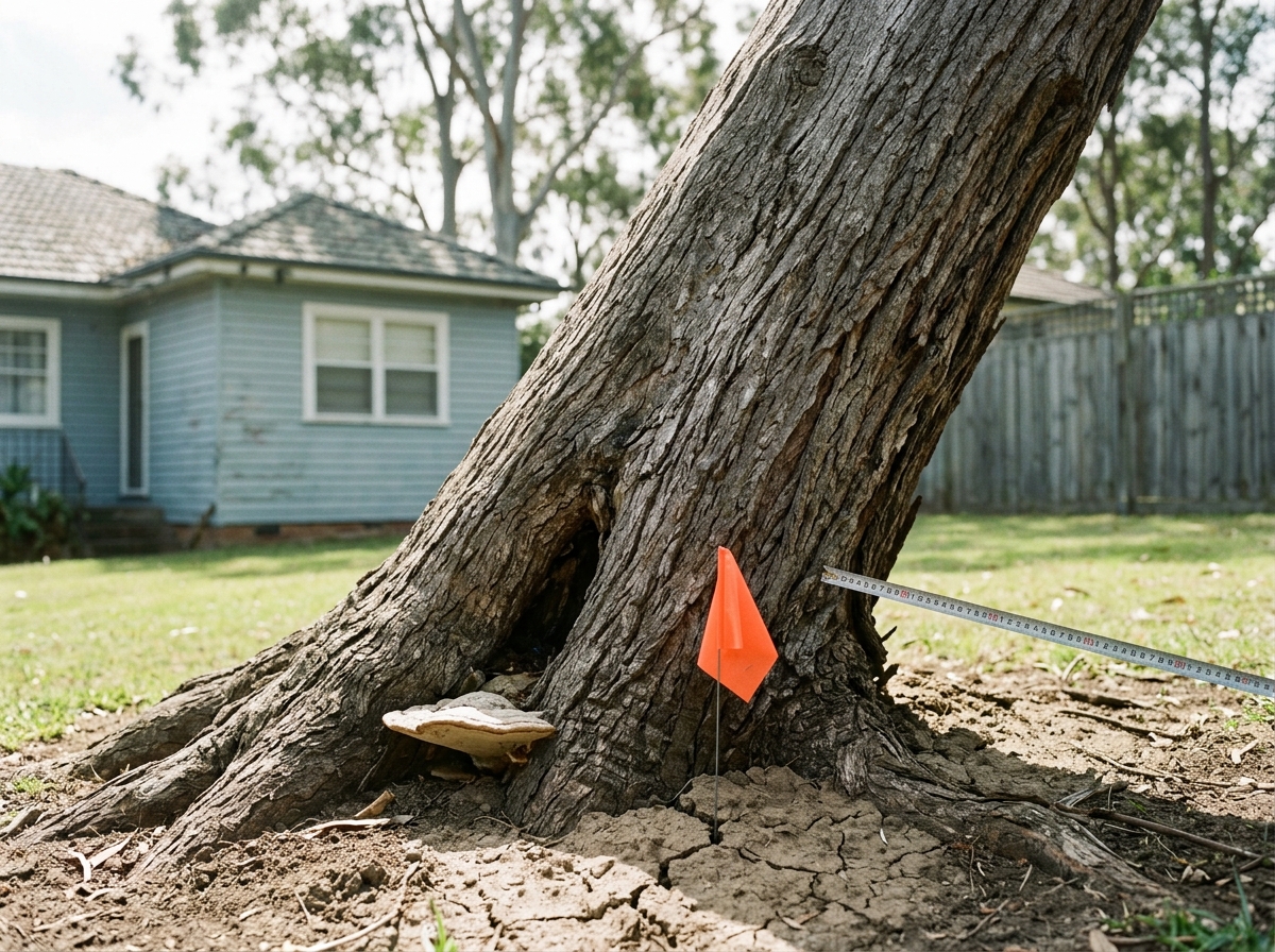 Eucalyptus trunk with a hollow and pale fungus at its base, roots lifting cracked soil, a survey flag and tape measure beside it.