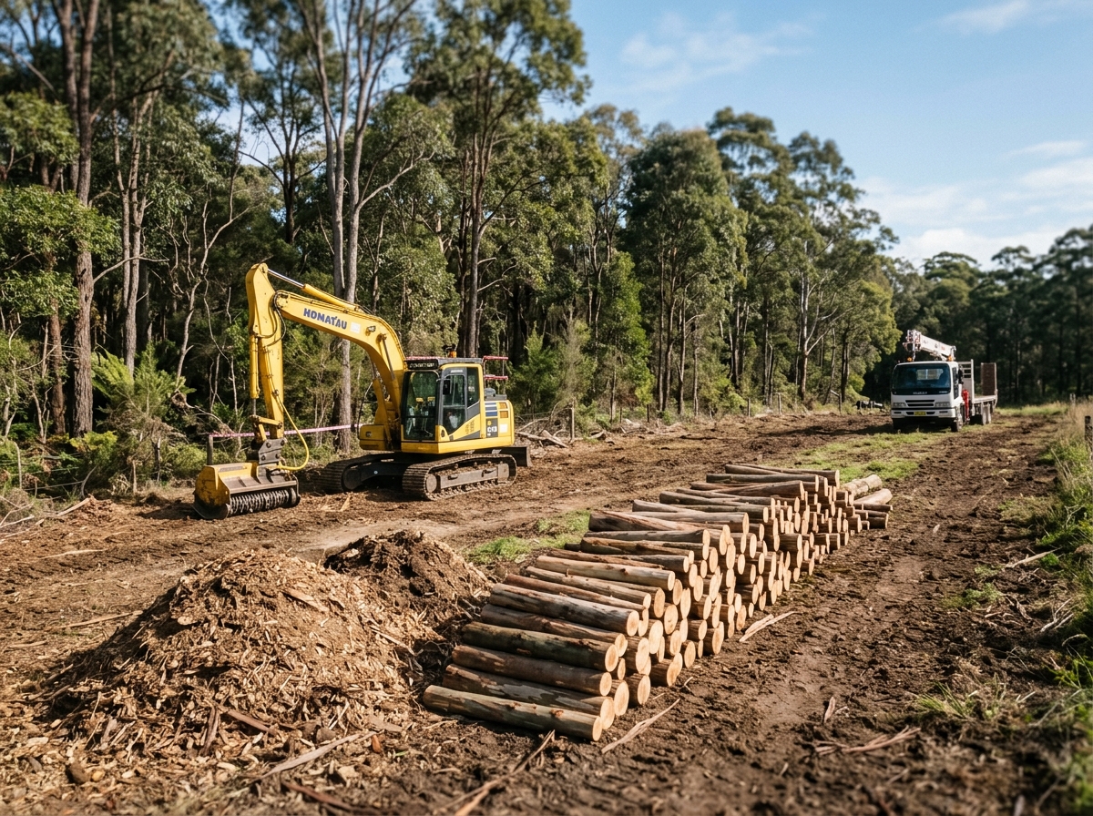 Yellow tracked excavator with a mulching head beside a cleared bush strip, with log stacks and wood chips before gum trees.