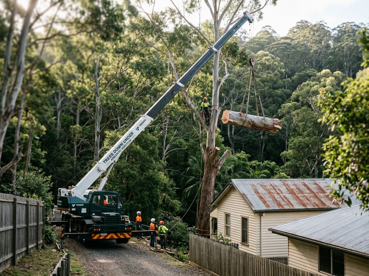 Truck-mounted crane with extended boom lifts a cut eucalyptus log from a tree beside a weatherboard house on a bushy slope.