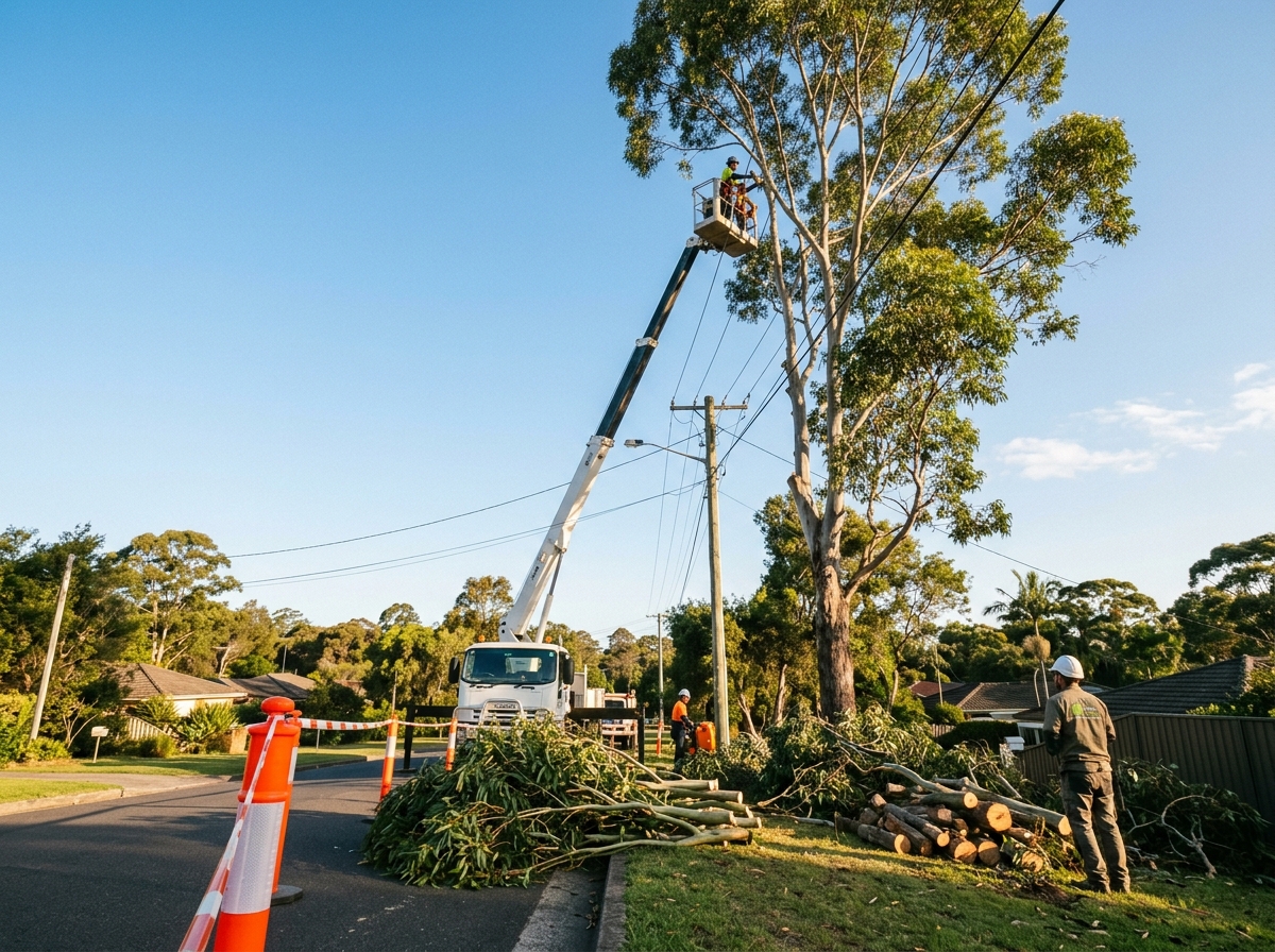 Truck-mounted crane boom reaches into a tall eucalyptus beside powerlines, with cut logs stacked on the verge behind a barrier.
