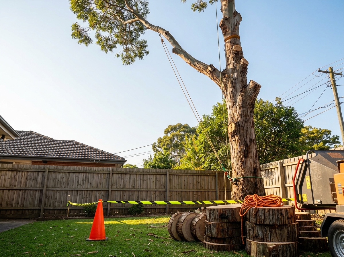 Partly dismantled eucalyptus in a backyard with rigging rope, stacked timber rounds, wood chipper and orange cone.