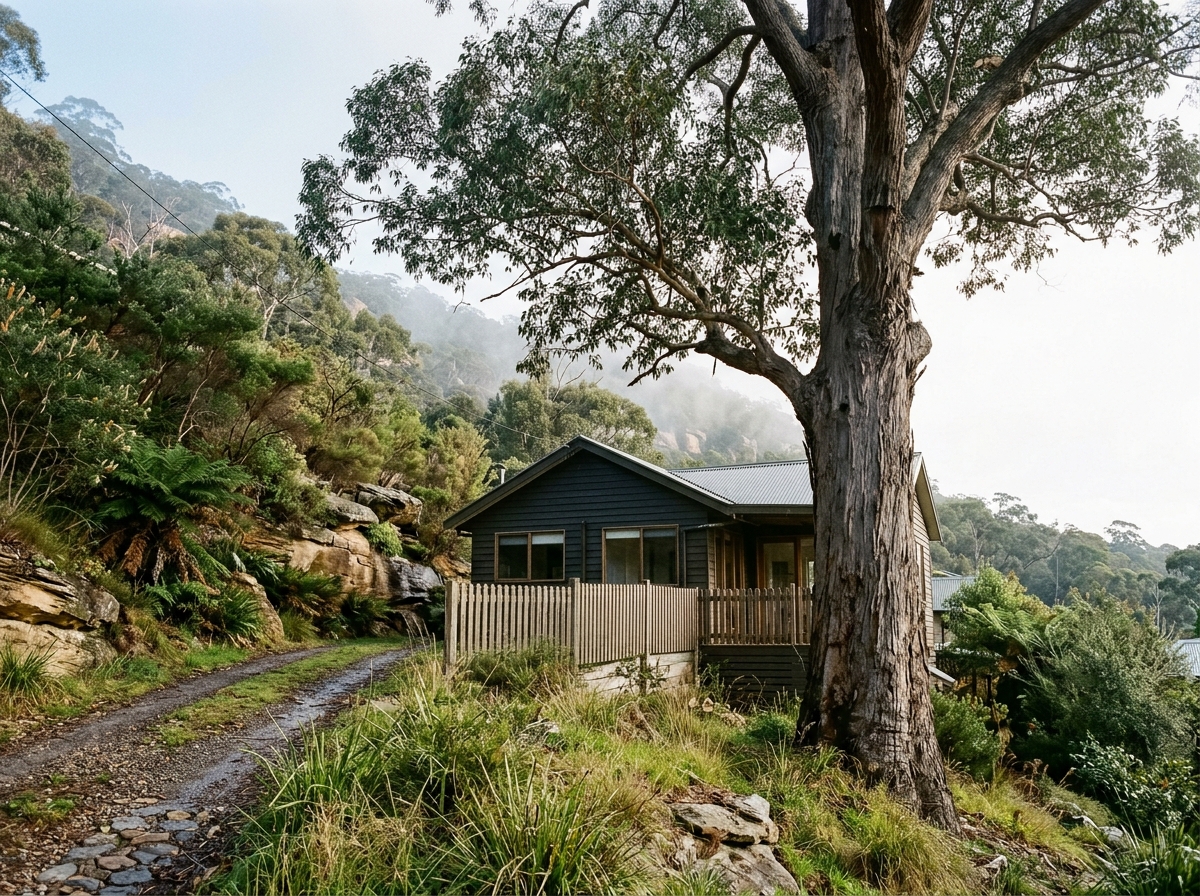 Tall eucalyptus with a furrowed trunk beside a weatherboard cottage, canopy overhanging the roof on a steep bushland block.