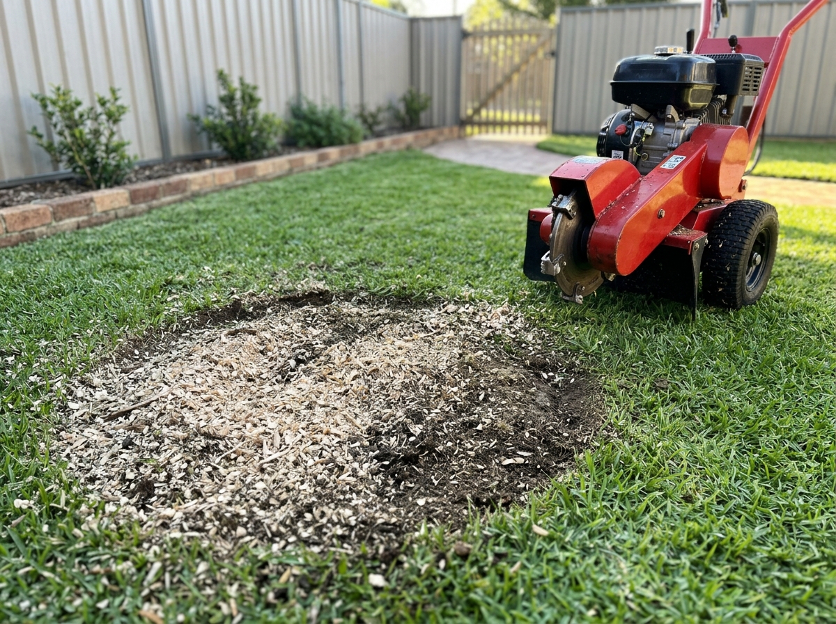 Compact stump grinder beside a circle of pale wood chips level with the lawn in a tidy backyard with a paling fence.