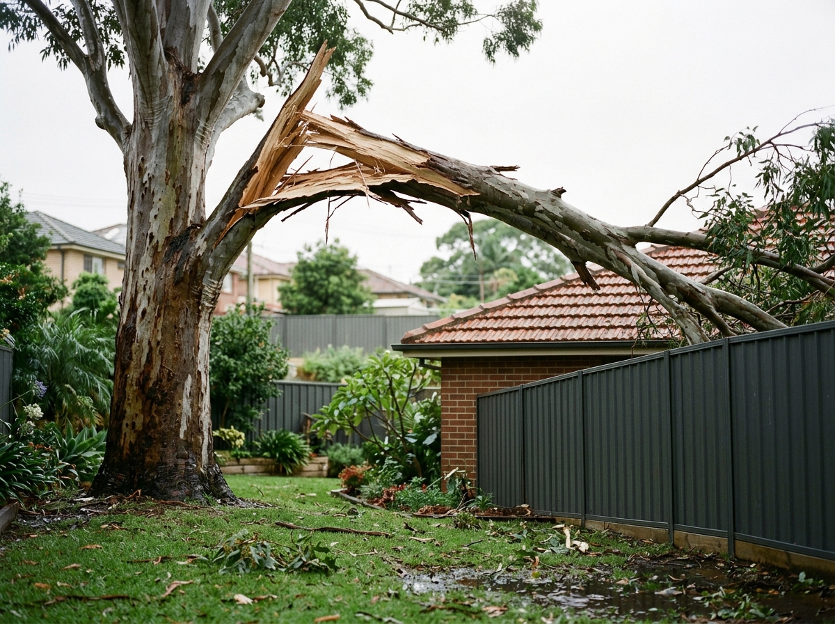 Split eucalyptus limb hangs at a jagged break over a fence and tiled roof, above a wet lawn strewn with leaves and twigs.