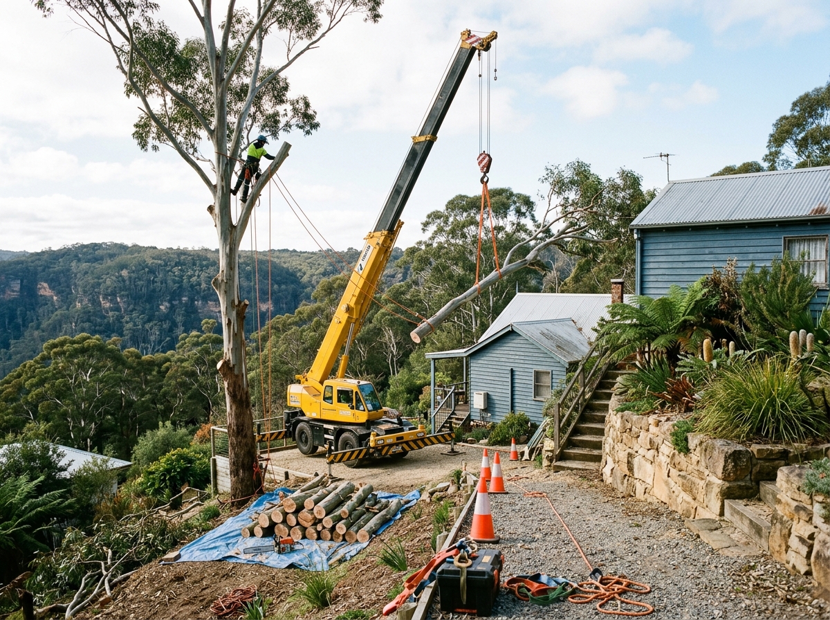 Mobile crane with boom raised beside a partly trimmed eucalyptus, cut limbs and chainsaw on a tarp in a steep bushland backyard