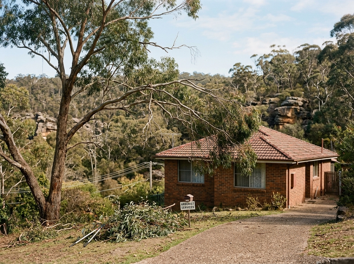 Brick-and-tile house with a tall eucalyptus overhanging its roof and a sagging powerline, trimmed branches piled on the lawn.