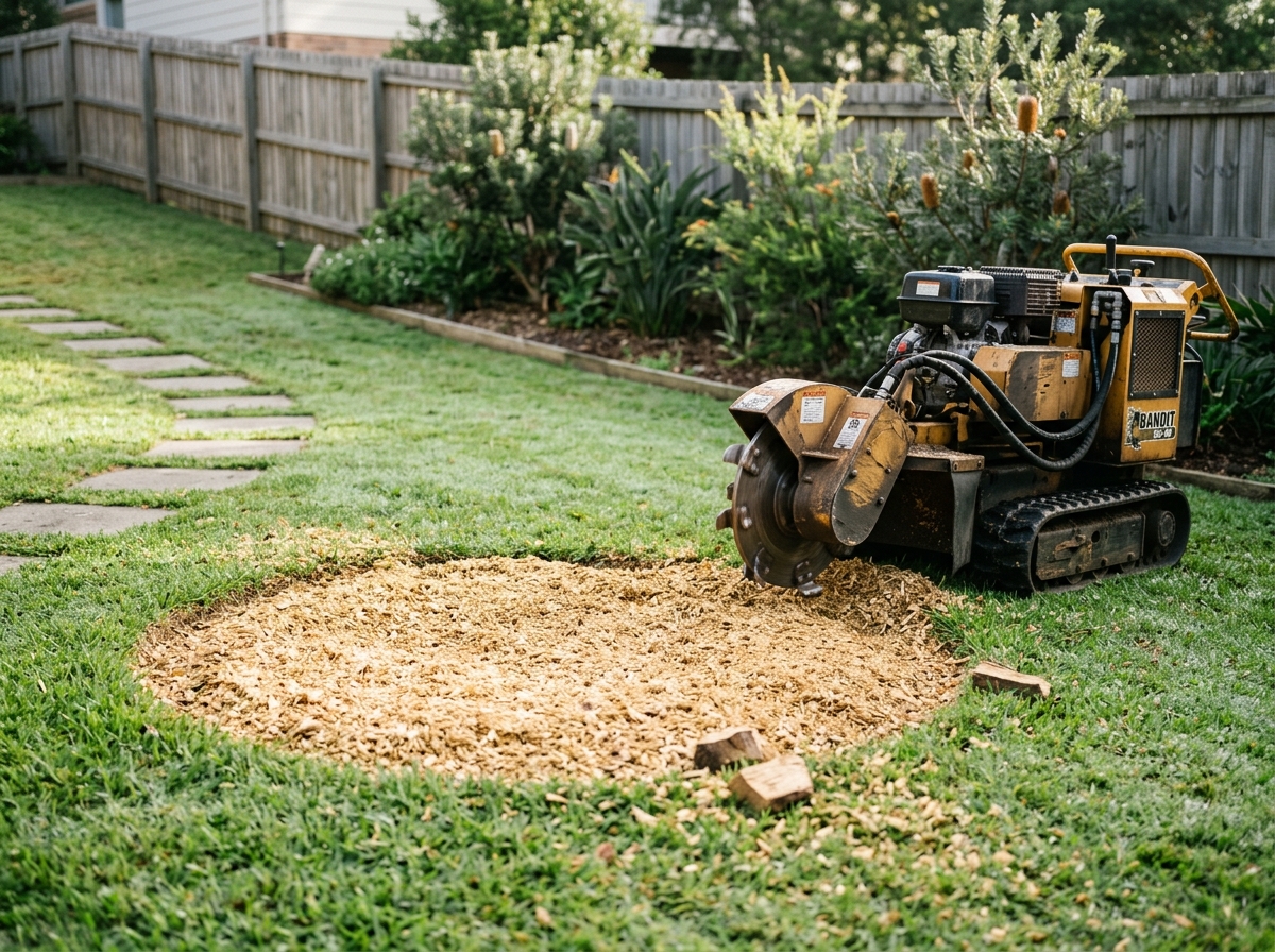 Circular bed of pale wood chips level with a dewy lawn, with a stump grinder beside it and a paling fence behind.