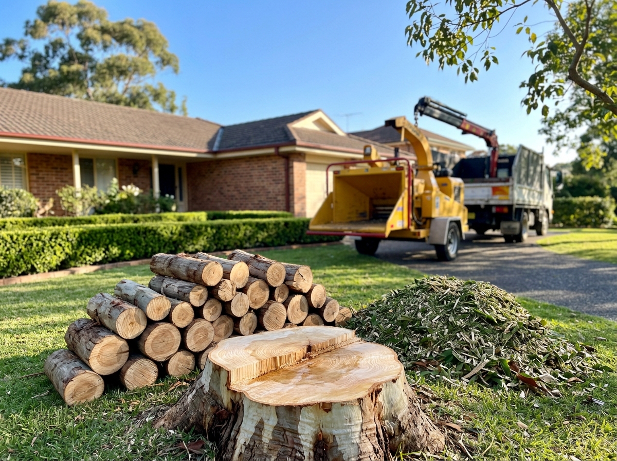 Freshly cut pale tree stump beside stacked logs and mulch, with a wood chipper parked on a suburban driveway behind.