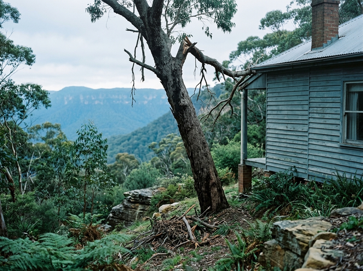Leaning eucalypt with broken hanging limbs beside a weatherboard house, branches piled at its base, bushland and ridgeline beyond.