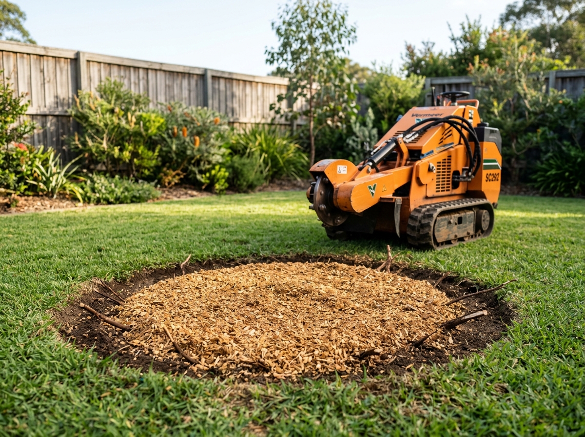 Circle of golden woodchip mulch level with the lawn where a stump was ground, with an orange grinder nearby in a tidy backyard