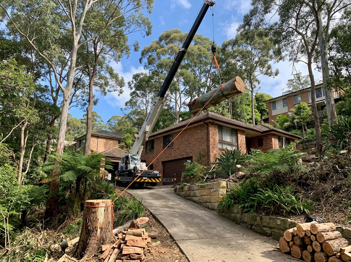 Crane lifts a eucalyptus trunk section by straps above a brick house roof, with stacked logs below on a sloping garden.