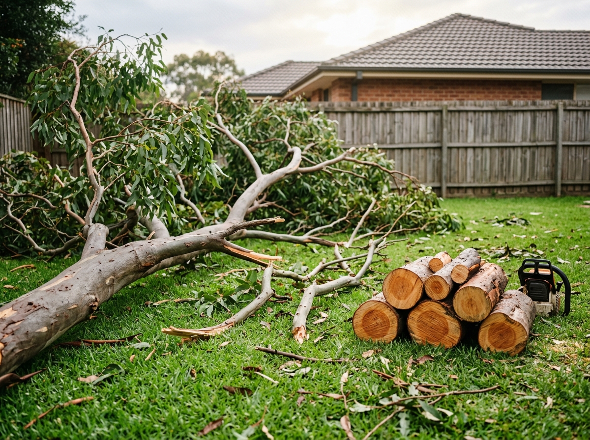 Fallen eucalyptus limb and snapped branches on a damp backyard lawn, with stacked cut logs and a chainsaw beside a fence.
