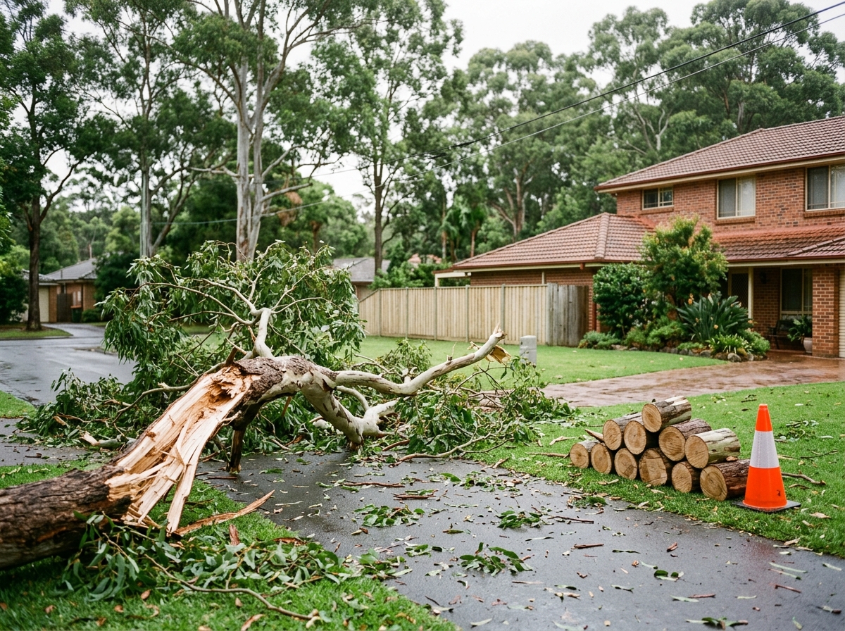 Split gum tree limb fallen across a front lawn and driveway beside stacked cut logs and an orange cone, brick house behind.