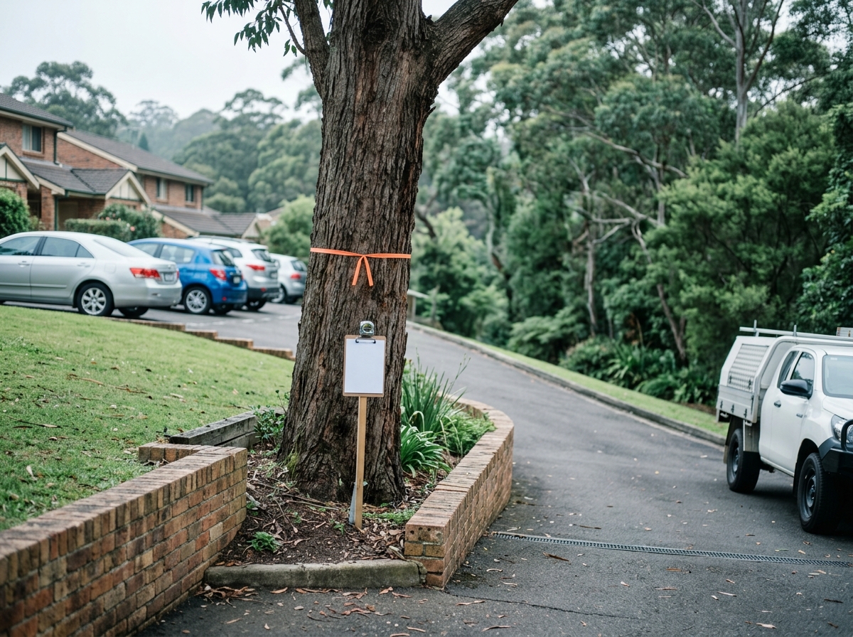 Mature eucalyptus with an orange marker on its trunk beside a driveway and brick wall, with a notice sign in the garden bed.