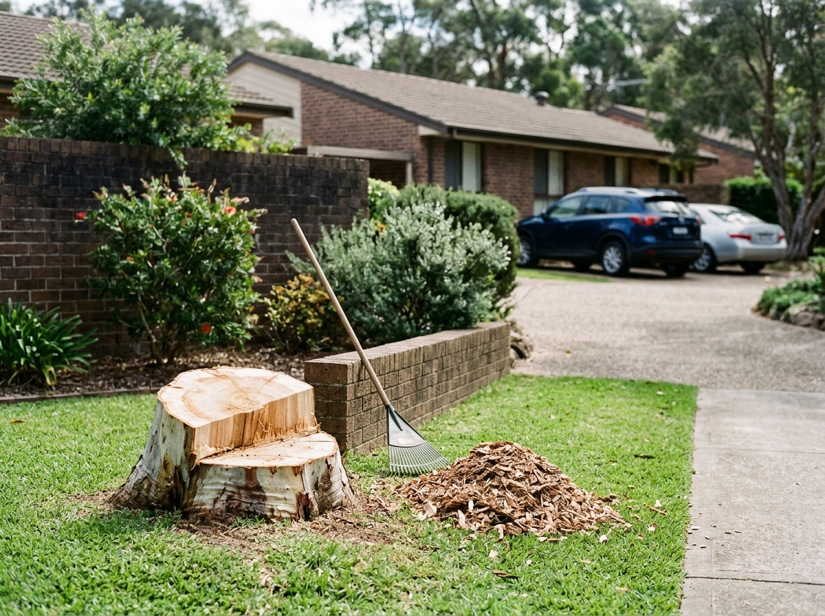 Freshly cut pale tree stump with visible growth rings, a small pile of wood chips and a rake against a low garden wall.