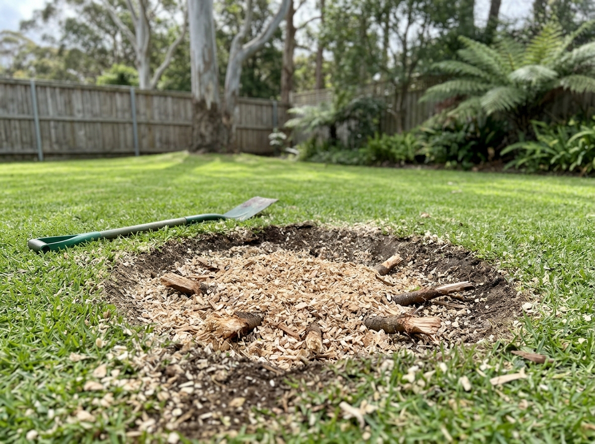 Shallow circular pit of pale woodchips where a stump was ground out, with chewed root ends and a green-handled spade on the lawn.
