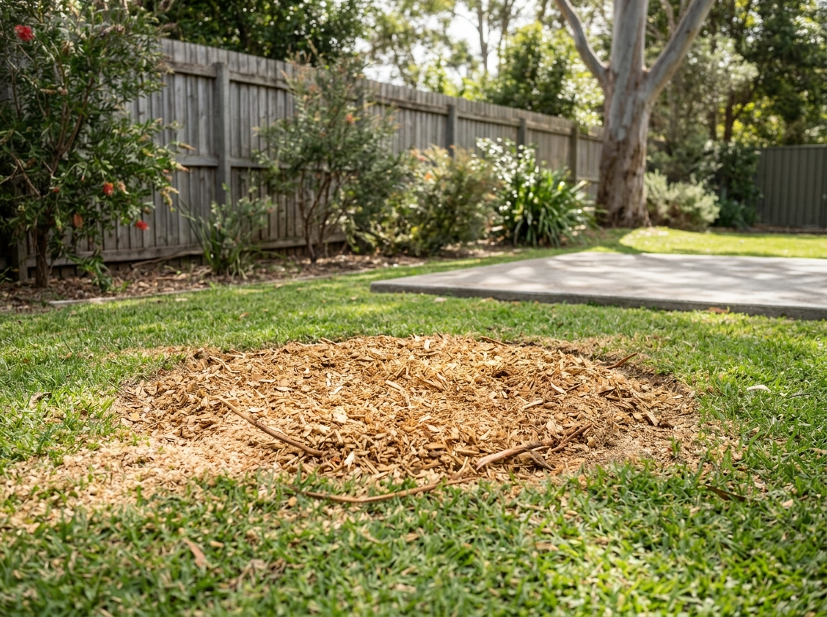 Circle of golden wood chips where a stump was ground flush with a green lawn, with a timber fence and eucalyptus behind.
