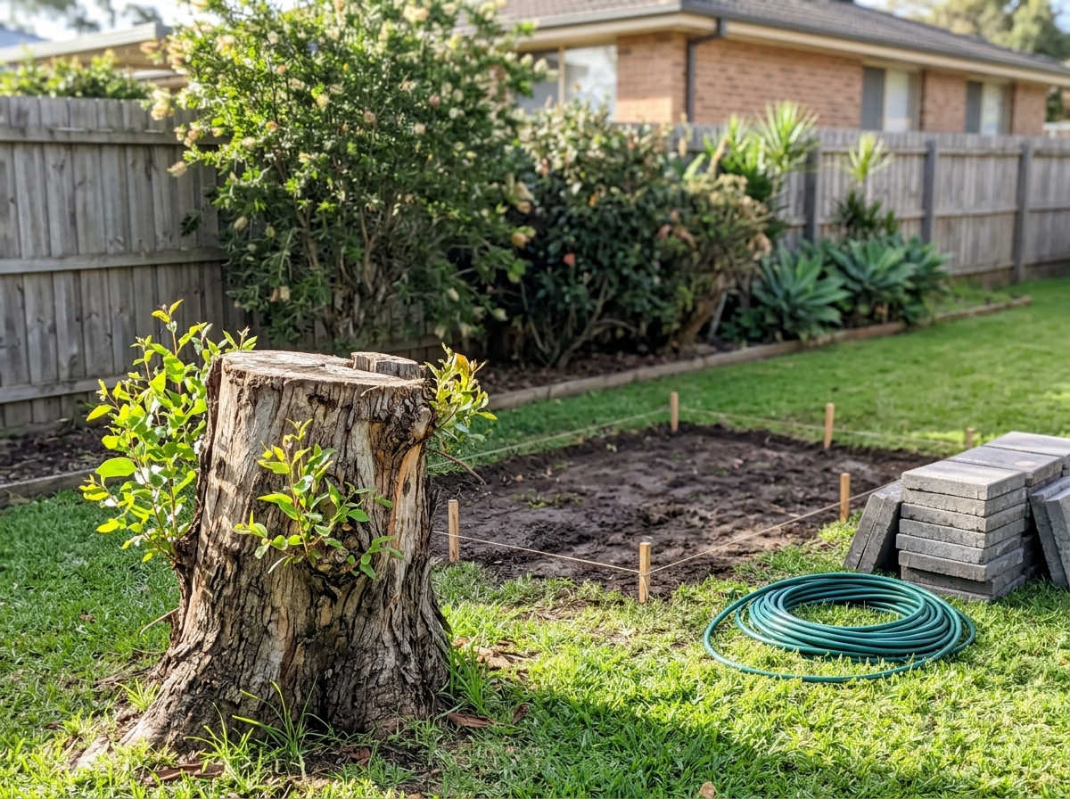Weathered tree stump with green shoots on a backyard lawn beside a marked garden bed, coiled hose and stacked pavers.