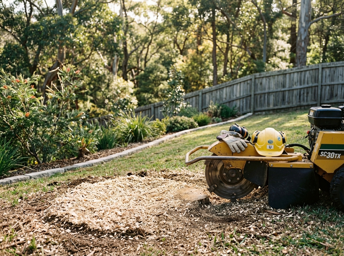 Circle of pale wood chips where a stump was ground out, with a grinder and safety gear beside it in a bushland backyard.
