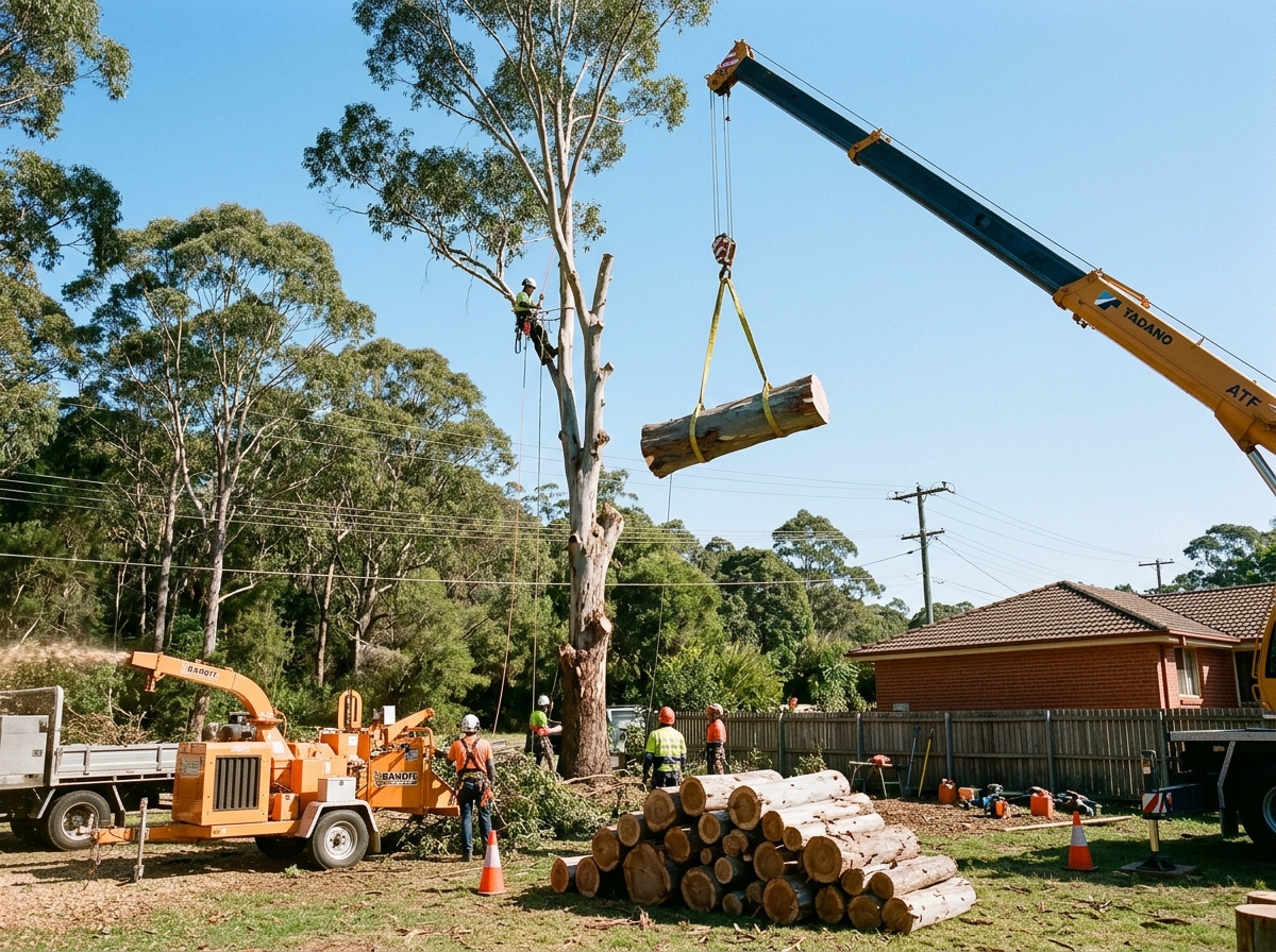 A crane lifts a strapped eucalyptus trunk section above a tree being felled, with stacked logs and a chipper in a backyard.