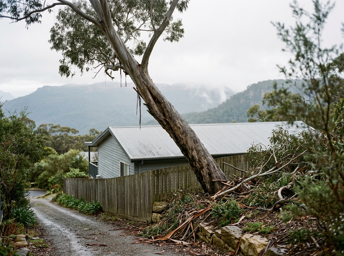 Leaning eucalyptus with a split trunk hangs over a weatherboard house roof and fence, fallen branches and bark below on a bushland slope.