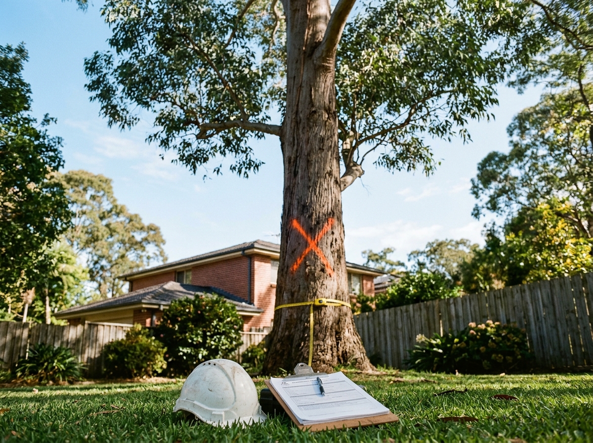 Tall eucalyptus in a backyard with an orange X on its trunk, a measuring tape at the base, and a hard hat and clipboard on the lawn.