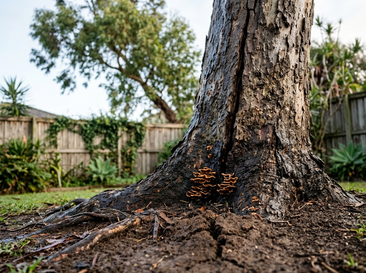 Base of a eucalyptus trunk with a vertical bark crack, small bracket fungi at the roots, and heaved, cracked soil beside a fence.