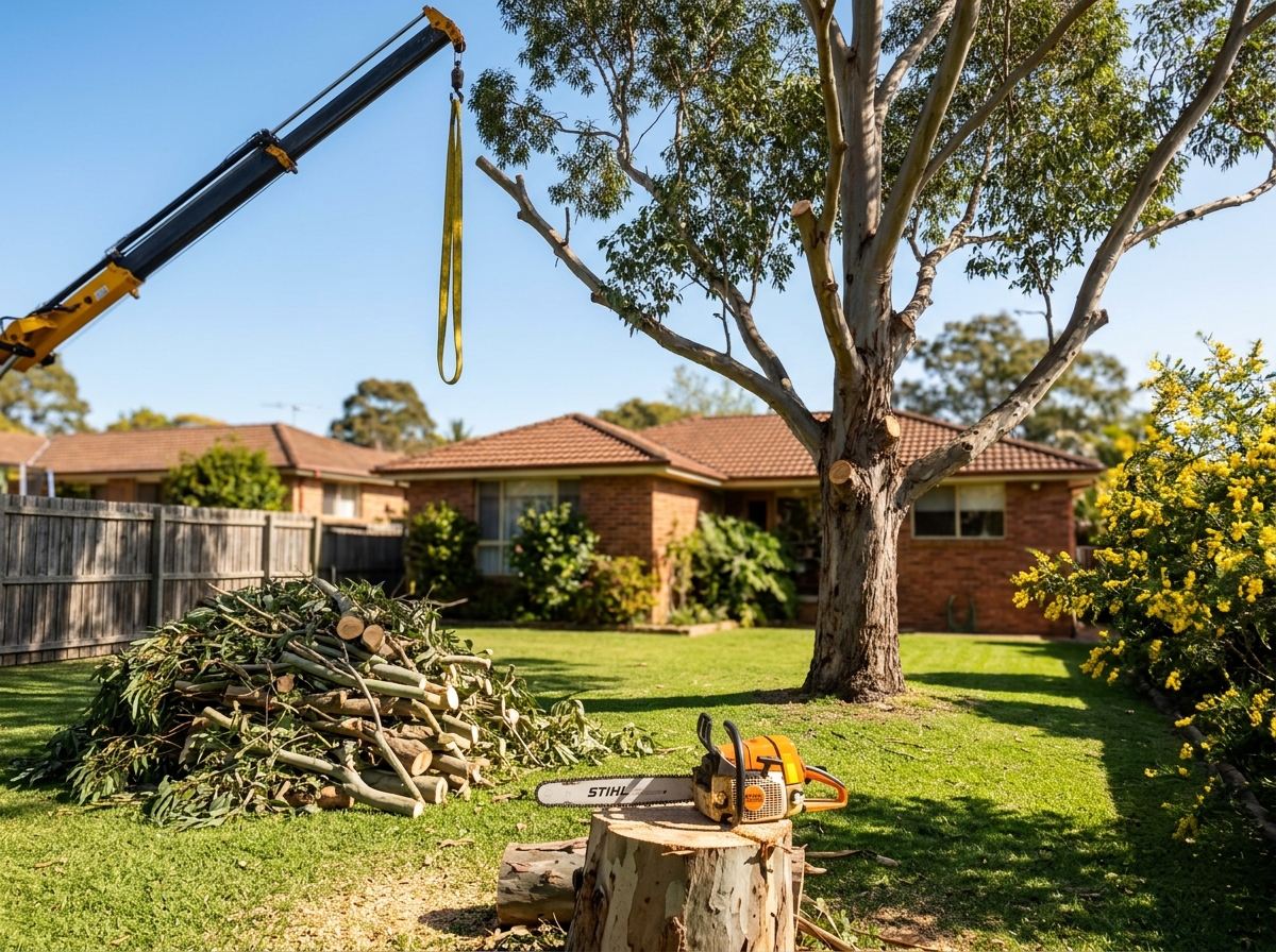Arborist trimming a tall eucalyptus with cut branches stacked below, a chainsaw on a log and crane boom above a backyard.