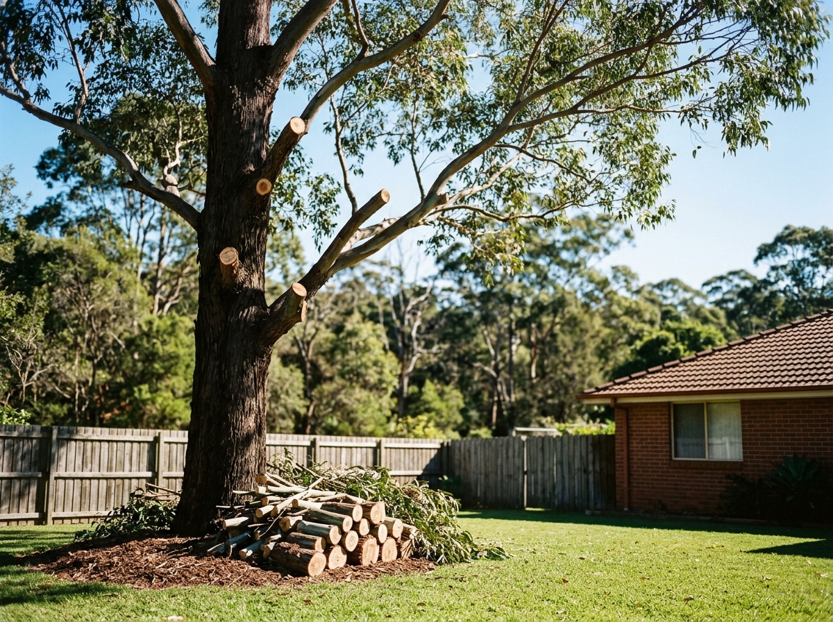 Pruned eucalyptus with an opened canopy and neatly stacked limbs and mulch at its base, beside a timber fence and brick home.