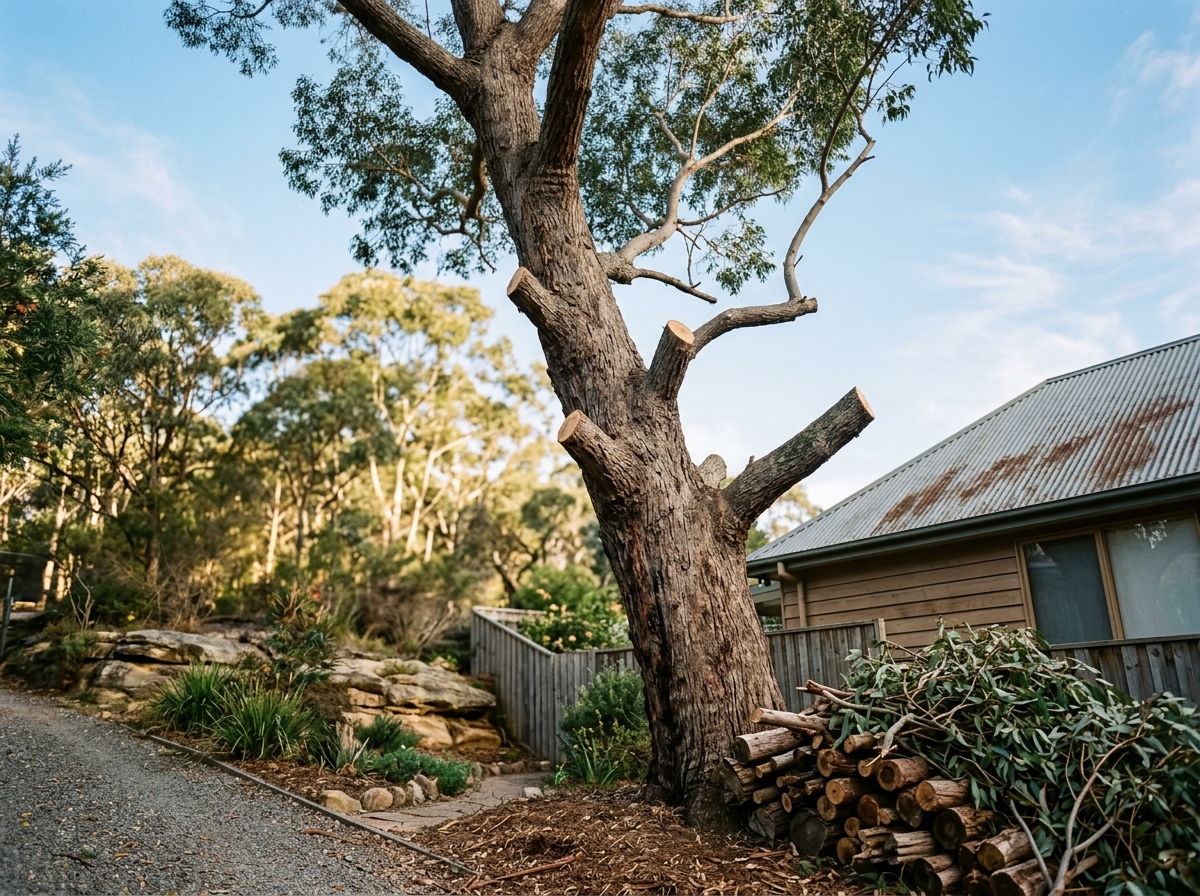Pruned eucalyptus with clean cuts and a clear gap to a corrugated iron roof, branches piled by the trunk, bushland beyond.