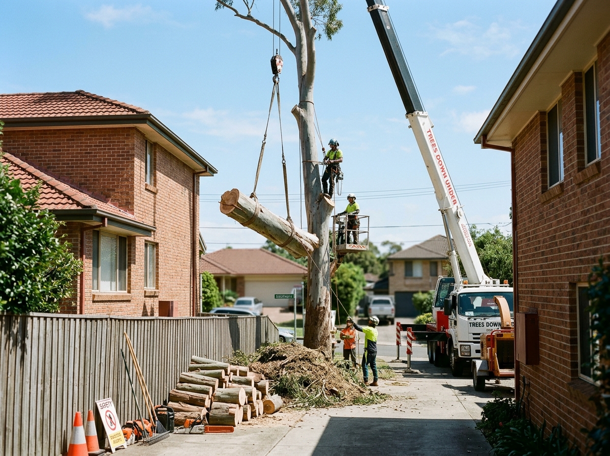 Crane lifts a cut log section from a tall eucalyptus between two brick houses, with timber and mulch piled below.