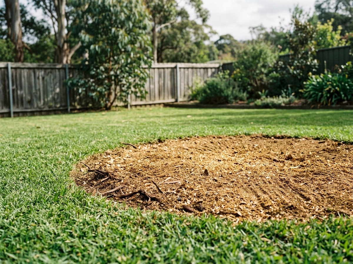 Circular patch of golden wood mulch and raked soil, level with a mown lawn, with a timber fence and eucalyptus trees behind.