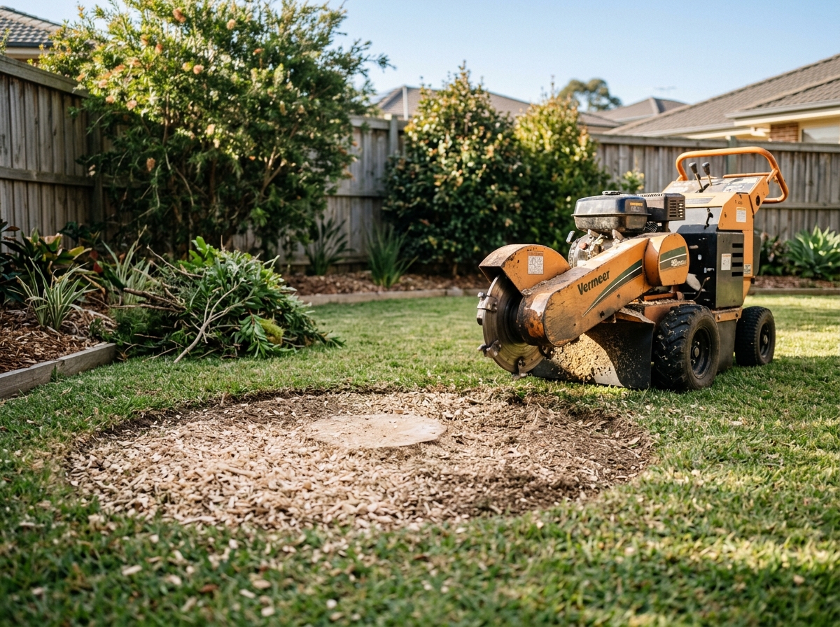 Orange-and-black stump grinder beside a flat patch of fresh wood chips on a mown backyard lawn with a timber fence behind.