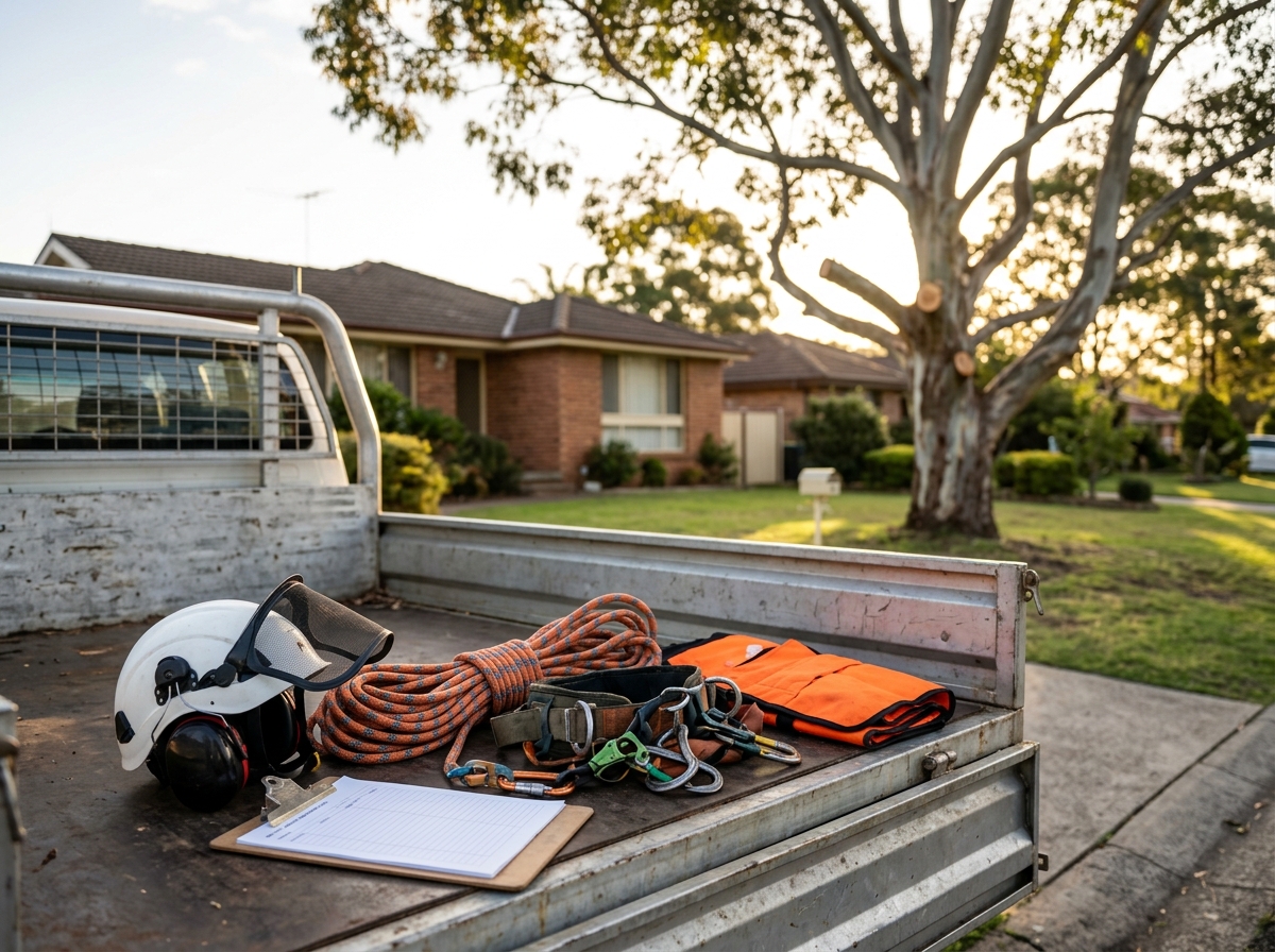 Arborist gear on a truck tailgate: helmet, rope, harness, orange chaps and clipboard, with a pruned eucalyptus behind.