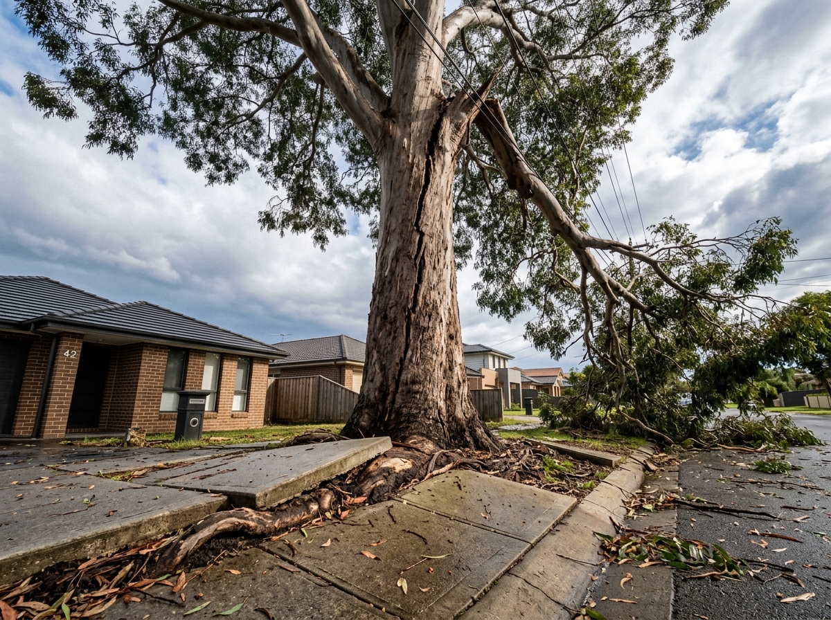 Large eucalyptus with a cracked trunk and a dead limb hanging over a driveway, roots lifting the concrete, power lines nearby.