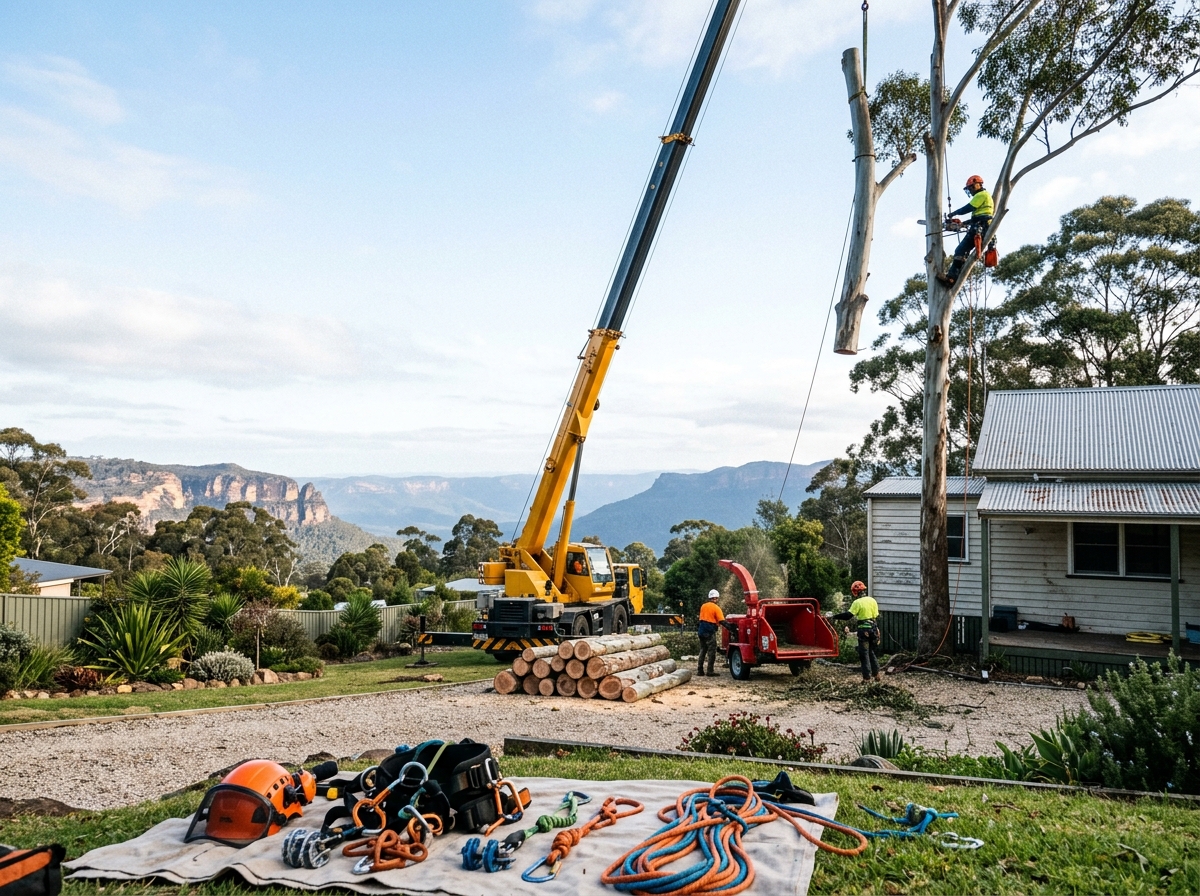 Mobile crane with raised boom beside a eucalyptus being sectioned, logs, chipper and safety gear on the ground, valley beyond.